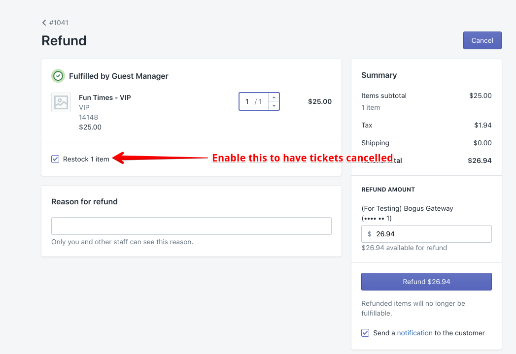 shopify refund ticket order