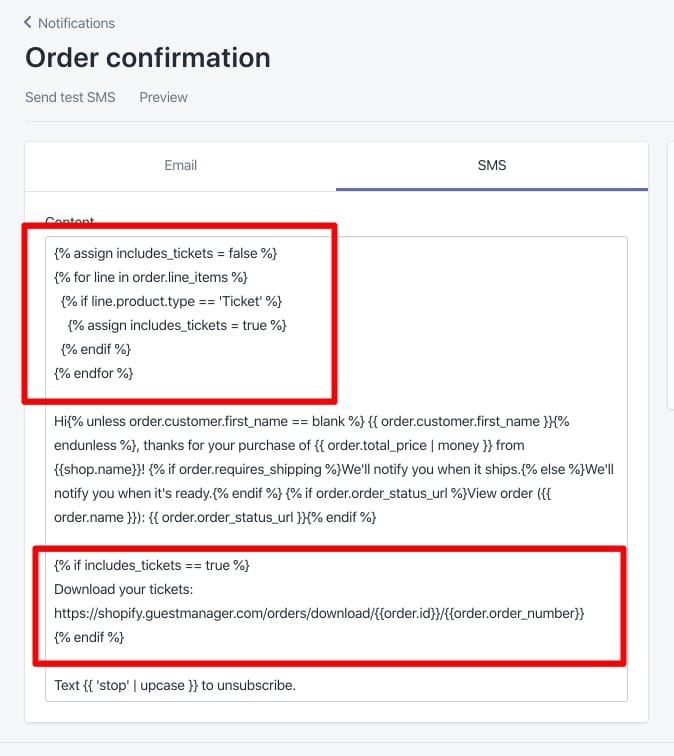 shopify order sms receipt with download tickets link