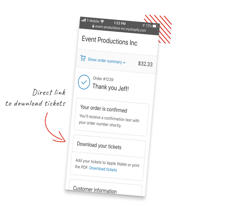 shopify checkout page download tickets link